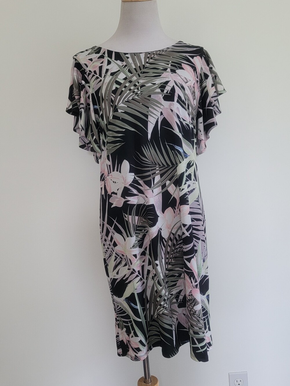 CeCe Women's S Black Green Tropical Print Short Sleeve Aloha Beach Shift Dress